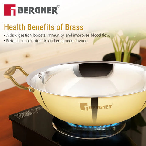 Bergner Peetlam 24cm (2.5L) Kadai with Lid, Brass Kadai with Tin (Kalai) Coated, Healthy Cooking, Traditional Kadhai with Ergonomic PVD Gold Handle, Comfortable Grip, Durable - Gas Stove Compatible