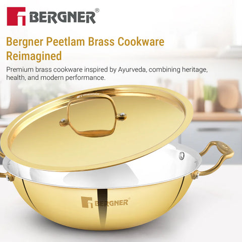 Bergner Peetlam 28cm (4.3L) Kadai with Lid, Brass Kadai with Tin (Kalai) Coated, Healthy Cooking, Traditional Kadhai with Ergonomic PVD Gold Handle, Comfortable Grip, Durable - Gas Stove Compatible