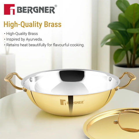 Bergner Peetlam 28cm (4.3L) Kadai with Lid, Brass Kadai with Tin (Kalai) Coated, Healthy Cooking, Traditional Kadhai with Ergonomic PVD Gold Handle, Comfortable Grip, Durable - Gas Stove Compatible