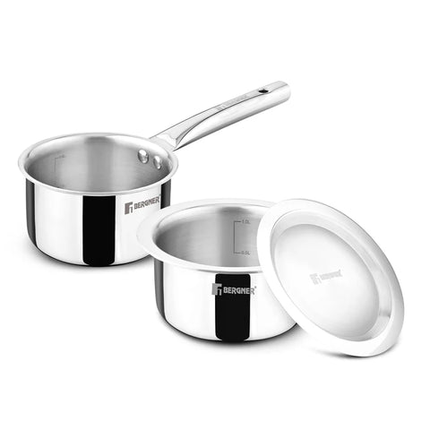 Bergner Tripro Triply 3 Pcs Stainless Steel Cookware Happy Set - Tope with Lid 16cm (1.5L) and Teapan 14cm (1L), Even and Faster Heating, Healthy Cooking, Less Oil Use - Induction and Gas Stove Ready
