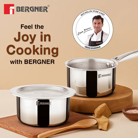 Bergner Tripro Triply 3 Pcs Stainless Steel Cookware Happy Set - Tope with Lid 16cm (1.5L) and Teapan 14cm (1L), Even and Faster Heating, Healthy Cooking, Less Oil Use - Induction and Gas Stove Ready