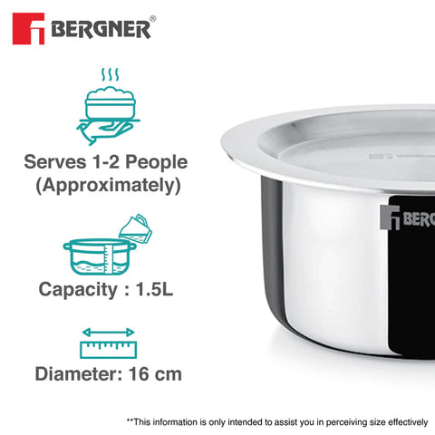 Bergner Tripro Triply 3 Pcs Stainless Steel Cookware Happy Set - Tope with Lid 16cm (1.5L) and Teapan 14cm (1L), Even and Faster Heating, Healthy Cooking, Less Oil Use - Induction and Gas Stove Ready