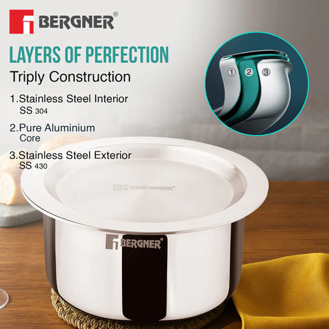 Bergner Tripro Triply 3 Pcs Stainless Steel Cookware Happy Set - Tope with Lid 16cm (1.5L) and Teapan 14cm (1L), Even and Faster Heating, Healthy Cooking, Less Oil Use - Induction and Gas Stove Ready