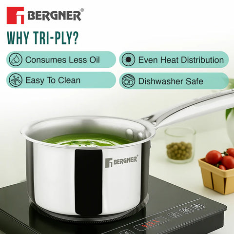 Bergner Tripro Triply 3 Pcs Stainless Steel Cookware Happy Set - Tope with Lid 16cm (1.5L) and Teapan 14cm (1L), Even and Faster Heating, Healthy Cooking, Less Oil Use - Induction and Gas Stove Ready