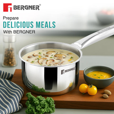 Bergner Tripro Triply 3 Pcs Stainless Steel Cookware Happy Set - Tope with Lid 16cm (1.5L) and Teapan 14cm (1L), Even and Faster Heating, Healthy Cooking, Less Oil Use - Induction and Gas Stove Ready