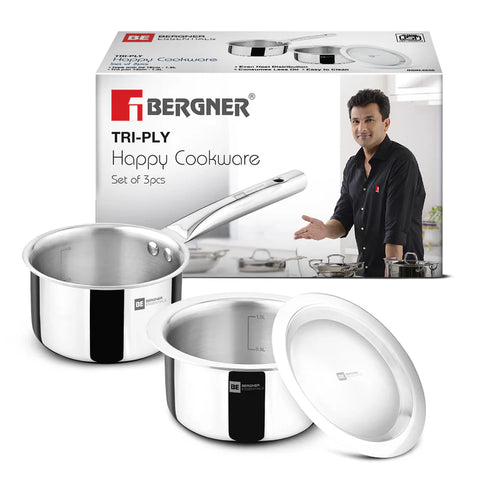 Bergner Tripro Triply 3 Pcs Stainless Steel Cookware Happy Set - Tope with Lid 16cm (1.5L) and Teapan 14cm (1L), Even and Faster Heating, Healthy Cooking, Less Oil Use - Induction and Gas Stove Ready