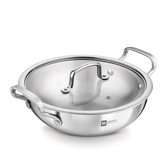 Bergner BE Essentials Triply Stainless Steel 22cm / 2.6 L Kadai with Flat Glass Lid, Kadhai with Lid, Consumes Less Oil, Healthy Cooking, Mirror Shiny Finish, Easy to Clean - Full Induction Bottom