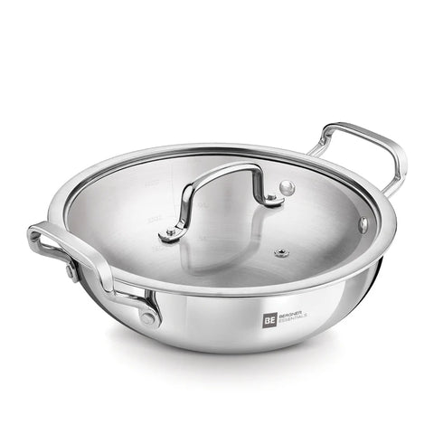 Bergner BE Essentials Triply Stainless Steel 22cm / 2.6 L Kadai with Flat Glass Lid, Kadhai with Lid, Consumes Less Oil, Healthy Cooking, Mirror Shiny Finish, Easy to Clean - Full Induction Bottom