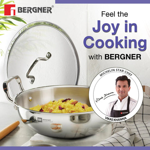 Bergner BE Essentials Triply Stainless Steel 22cm / 2.6 L Kadai with Flat Glass Lid, Kadhai with Lid, Consumes Less Oil, Healthy Cooking, Mirror Shiny Finish, Easy to Clean - Full Induction Bottom