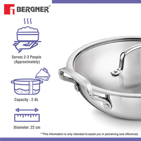 Bergner BE Essentials Triply Stainless Steel 22cm / 2.6 L Kadai with Flat Glass Lid, Kadhai with Lid, Consumes Less Oil, Healthy Cooking, Mirror Shiny Finish, Easy to Clean - Full Induction Bottom