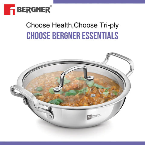 Bergner BE Essentials Triply Stainless Steel 22cm / 2.6 L Kadai with Flat Glass Lid, Kadhai with Lid, Consumes Less Oil, Healthy Cooking, Mirror Shiny Finish, Easy to Clean - Full Induction Bottom