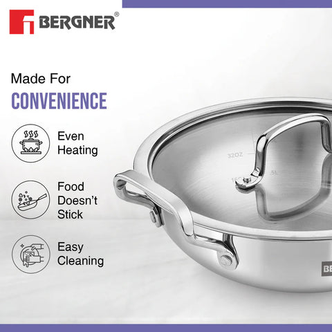 Bergner BE Essentials Triply Stainless Steel 22cm / 2.6 L Kadai with Flat Glass Lid, Kadhai with Lid, Consumes Less Oil, Healthy Cooking, Mirror Shiny Finish, Easy to Clean - Full Induction Bottom