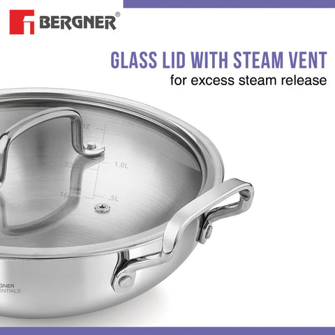 Bergner BE Essentials Triply Stainless Steel 22cm / 2.6 L Kadai with Flat Glass Lid, Kadhai with Lid, Consumes Less Oil, Healthy Cooking, Mirror Shiny Finish, Easy to Clean - Full Induction Bottom