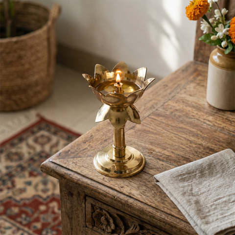 Fancy Brass Kamal Stand Diya – Traditional Lotus Design Oil Lamp for Puja & Décor