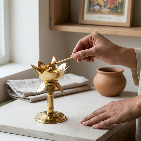 Fancy Brass Kamal Stand Diya – Traditional Lotus Design Oil Lamp for Puja & Décor