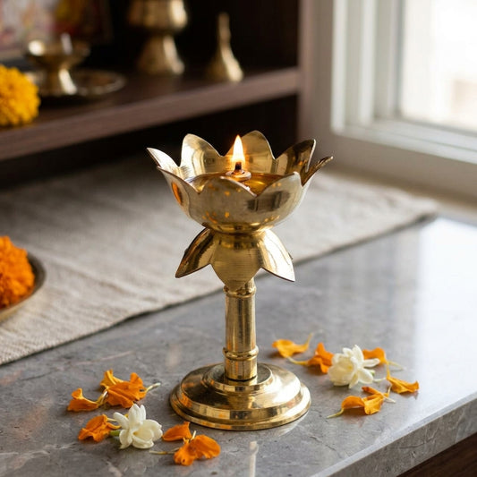 Fancy Brass Kamal Stand Diya – Traditional Lotus Design Oil Lamp for Puja & Décor