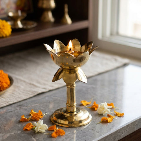 Fancy Brass Kamal Stand Diya – Traditional Lotus Design Oil Lamp for Puja & Décor