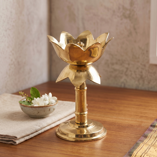 Fancy Brass Kamal Stand Diya – Traditional Lotus Design Oil Lamp for Puja & Décor