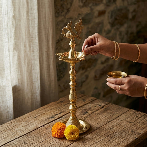 Brass New Samai 12 Inch Oil Lamp for Pooja & Decor