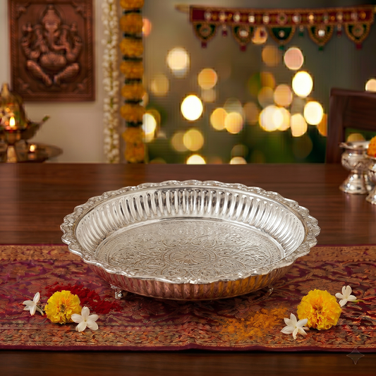 German Silver Round plated 10 inch Designer Plate | Wedding Decorative Plate | Pooja Plate