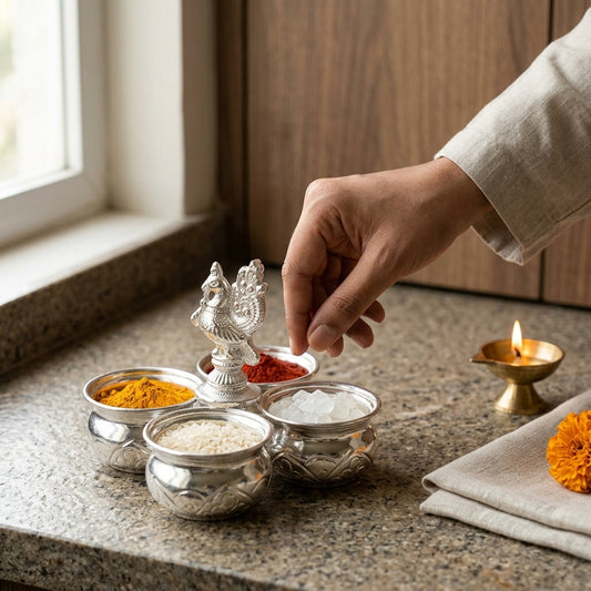 German Silver 4 Cups Panchwala Haldi Kumkum Holder – Decorative Puja Showpiece & Gift