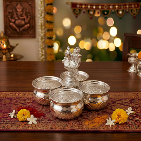 German Silver 4 Cups Panchwala Haldi Kumkum Holder – Decorative Puja Showpiece & Gift