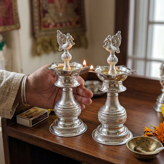 Agromech German Silver Kerala Fancy Deep No.9 | Traditional Silver Finish Diya for Puja & Décor