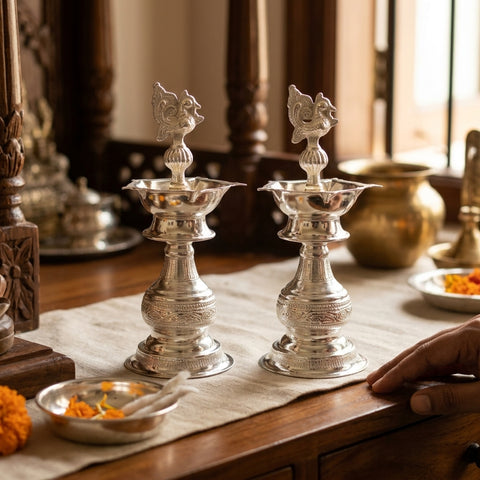Agromech German Silver Kerala Fancy Deep No.9 | Traditional Silver Finish Diya for Puja & Décor