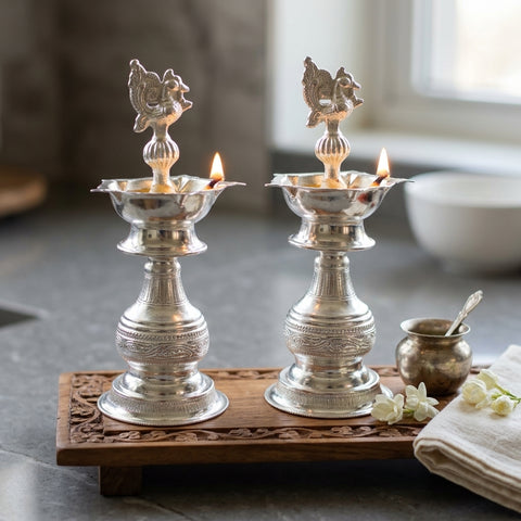 Agromech German Silver Kerala Fancy Deep No.9 | Traditional Silver Finish Diya for Puja & Décor