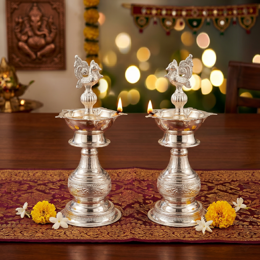 Agromech German Silver Kerala Fancy Deep No.9 | Traditional Silver Finish Diya for Puja & Décor
