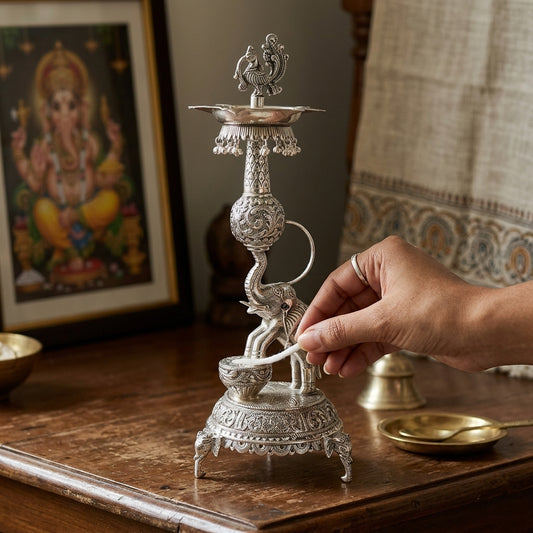Silver Plated Elephant & Peacock Antique German Silver Lamp – Traditional Decorative Oil Diya