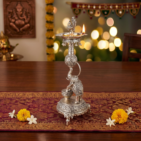 Silver Plated Elephant & Peacock Antique German Silver Lamp – Traditional Decorative Oil Diya