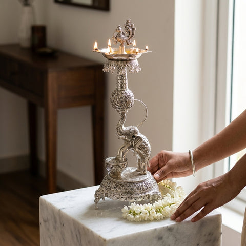 Silver Plated Elephant & Peacock Antique German Silver Lamp – Traditional Decorative Oil Diya