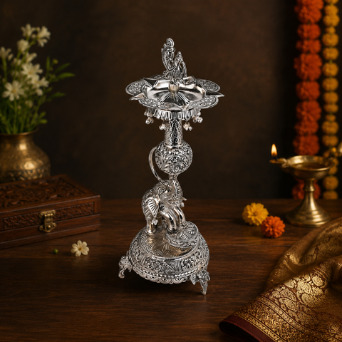 Silver Plated Elephant & Peacock Antique German Silver Lamp – Traditional Decorative Oil Diya