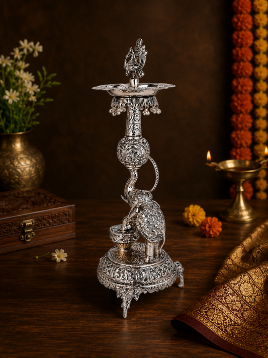 Silver Plated Elephant & Peacock Antique German Silver Lamp – Traditional Decorative Oil Diya