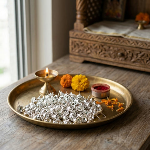 Silver Plated 108 Flower Set | Traditional Puja Flowers for Lakshmi, Vishnu & Temple Rituals