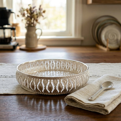 White Gold German Silver Round Tray|Décor| Birthday|Round Decorative Tray