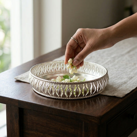 White Gold German Silver Round Tray|Décor| Birthday|Round Decorative Tray