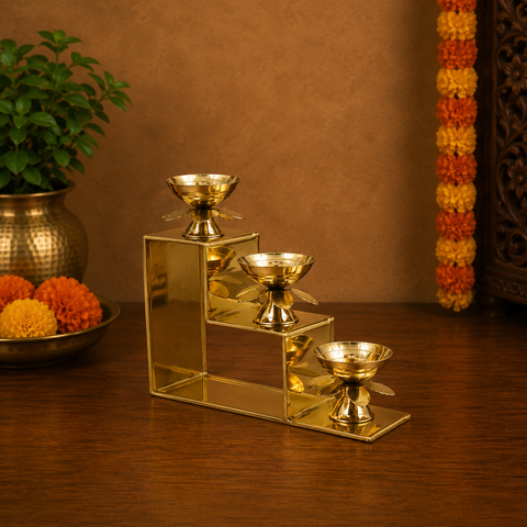 Pooja Brass Step Aarti No. 3 - Traditional Multi-Layered Brass Diya