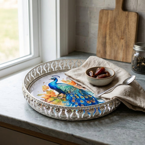 German Silver Tray with Peacock Image – Traditional 10-inch Decorative Brass Plate