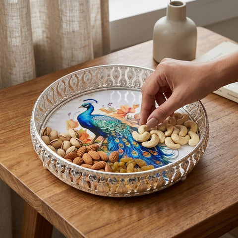 German Silver Tray with Peacock Image – Traditional 10-inch Decorative Brass Plate