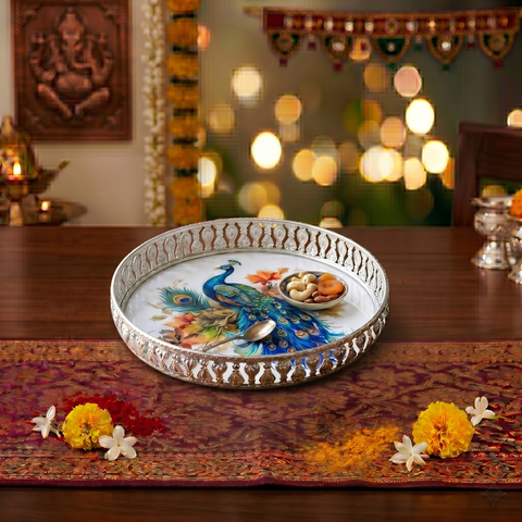 German Silver Tray with Peacock Image – Traditional 10-inch Decorative Brass Plate