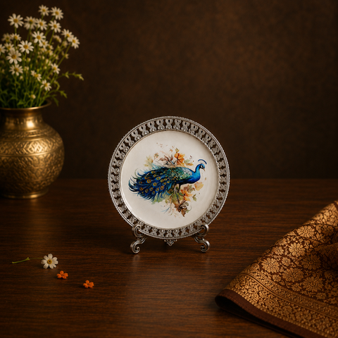 German Silver Tray with Peacock Image – Traditional 10-inch Decorative Brass Plate