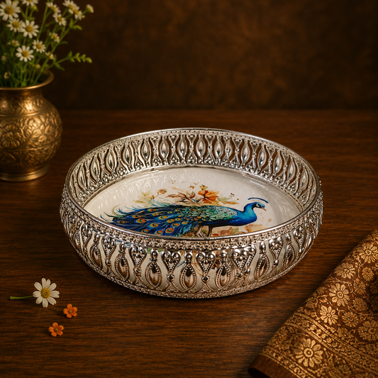 German Silver Tray with Peacock Image – Traditional 10-inch Decorative Brass Plate