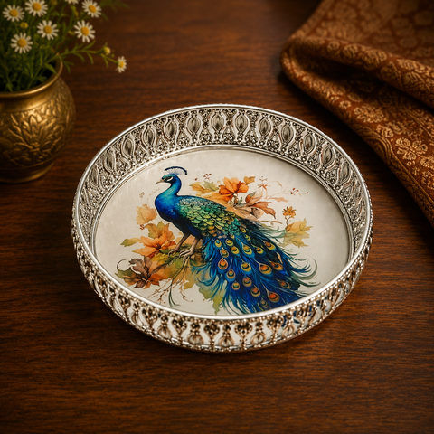 German Silver Tray with Peacock Image – Traditional 10-inch Decorative Brass Plate