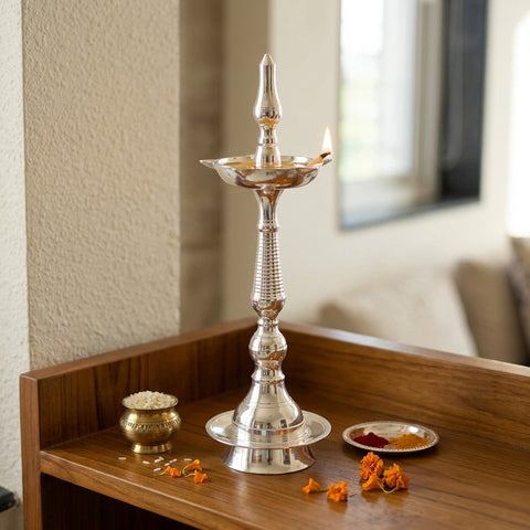 GS Deepam Nakshi – Elegant German Silver Decorative Oil Lamp for Pooja & Home Decor