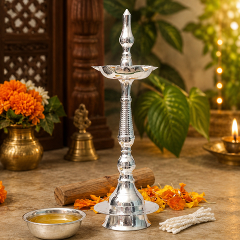 GS Deepam Nakshi – Elegant German Silver Decorative Oil Lamp for Pooja & Home Decor