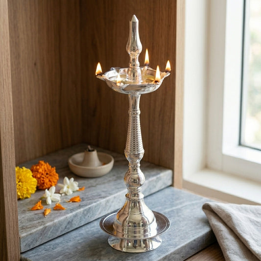 GS Deepam Nakshi – Elegant German Silver Decorative Oil Lamp for Pooja & Home Decor
