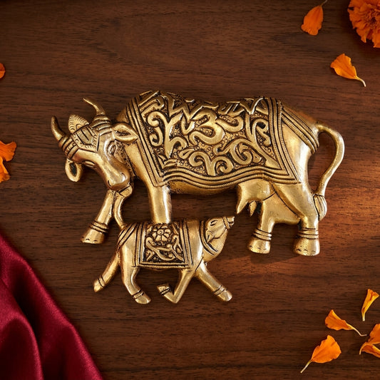 Brass Cow & Calf with Om Swastik Idol | Sacred Hindu Spiritual Decor for Home Temple