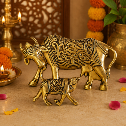 Brass Cow & Calf with Om Swastik Idol | Sacred Hindu Spiritual Decor for Home Temple